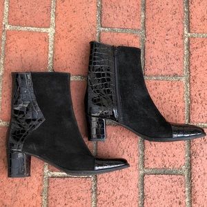 David Tate suede and embossed snake print square toe black boots